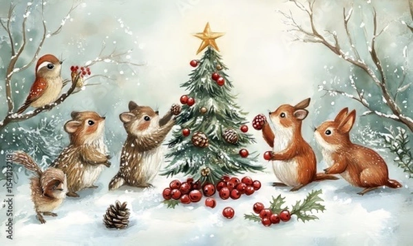 Fototapeta whimsical illustration of woodland creatures skating on a frozen pond lit by lanterns, surrounded by snow-covered trees, Generative AI