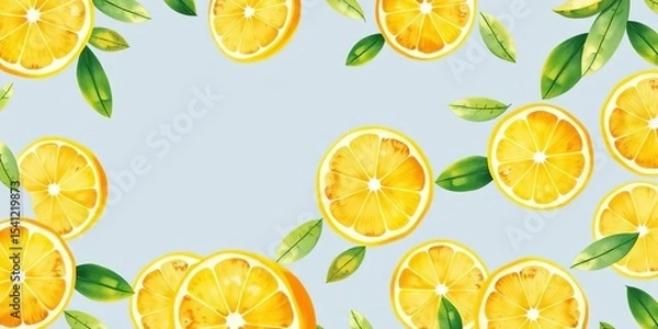 Fototapeta Vibrant watercolor lemon slices, leaves & citrus pattern ,  art,  seamless