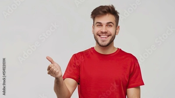 Obraz Cheerful man gesturing to right with smile