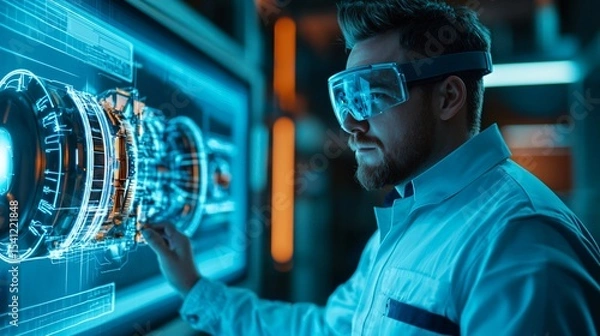 Fototapeta Engineer Using Augmented Reality Glasses to Design and Inspect Engine Components
