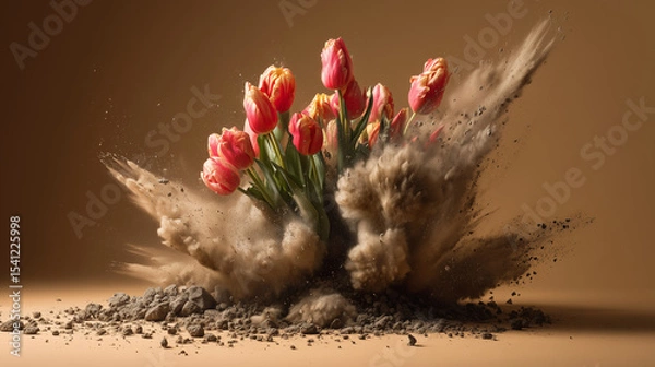 Fototapeta A landmine detonating in a controlled studio setup, releasing vibrant tulips instead of shrapnel.