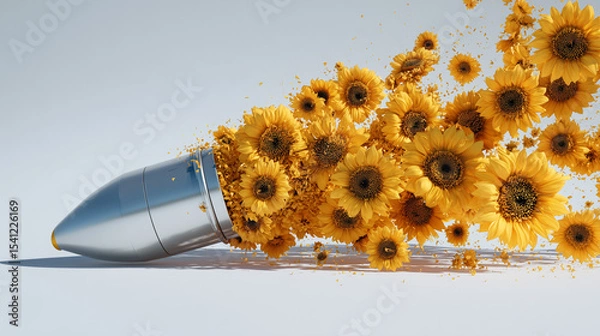 Fototapeta Close-up of a missile warhead opening to release a swirl of sunflowers,.
