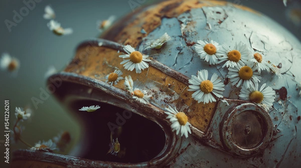 Fototapeta Close-up of a cracked helmet with small daisies breaking through its surface