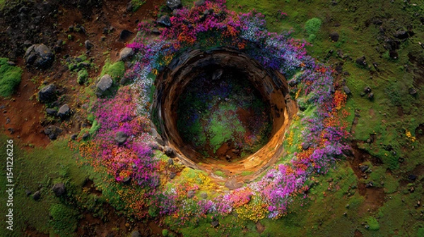 Fototapeta Explosion crater in the ground filled not with debris but with a spiral bed of multi-colored blooming flowers,