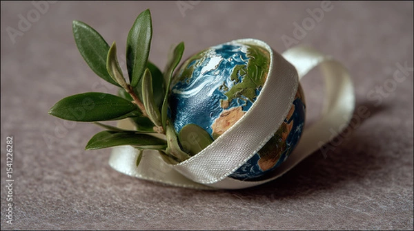 Fototapeta Miniature Earth with Olive Branch and Ribbon