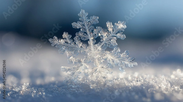 Fototapeta Pure snowflake forming into natural peace symbol on soft snow base.