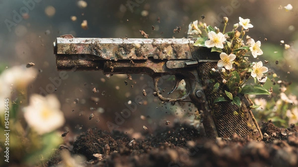 Fototapeta Time-lapse inspired capture of a shattered gun melting into soil with blooming jasmine flowers .