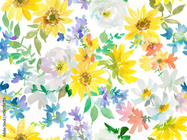Obraz Seamless PNG pattern of abstract sunflowers, white peonies and wild flowers painted in watercolor. Hand painted summer botanical wallpaper  for wedding invitations with transparent background.