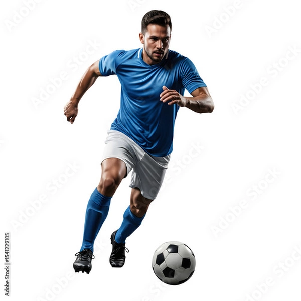 Fototapeta Soccer player in blue jersey dribbling the ball