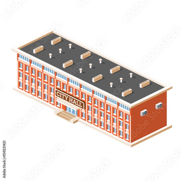 Fototapeta Isometric illustration of a city hall or town hall building with a red brick facade and flat roof. Building isolated on white background.