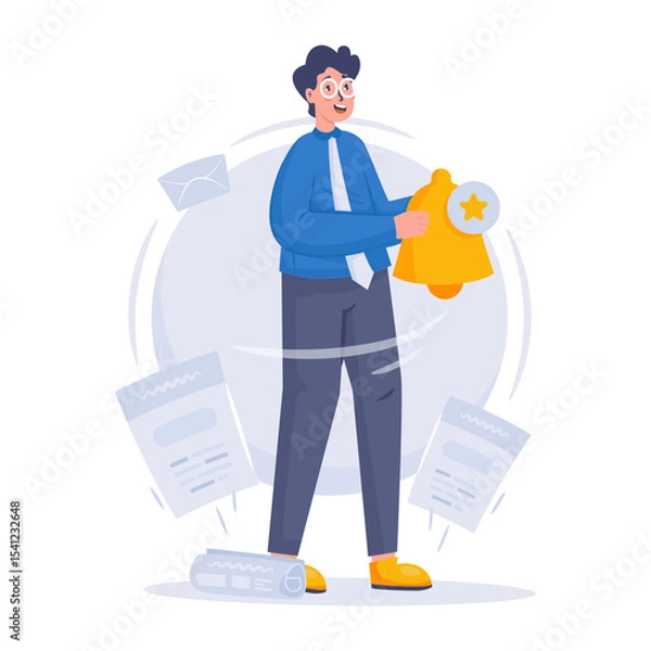 Fototapeta A man holding a bell for message notification vector illustration