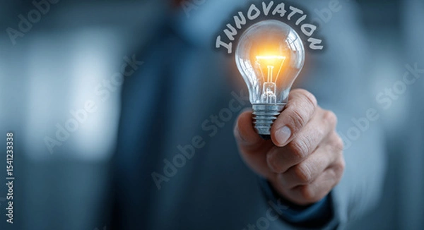 Fototapeta A businessman holds a glowing light bulb in his hand, symbolizing innovation, creativity, and visionary thinking—key elements driving business growth and success.