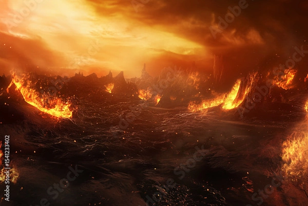 Fototapeta Hellish desert, underworld abstract background with fire and sparks..