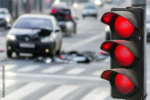 Fototapeta Red traffic light on a crashed car background..