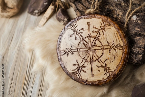 Fototapeta Scandinavian amulet with life compass on medieval table close up background...