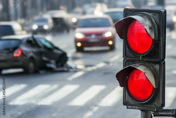 Fototapeta Red traffic light on a crashed car background..