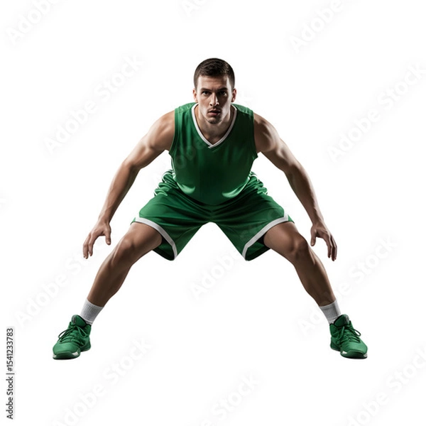 Obraz Athletic male basketball player in green uniform low stance