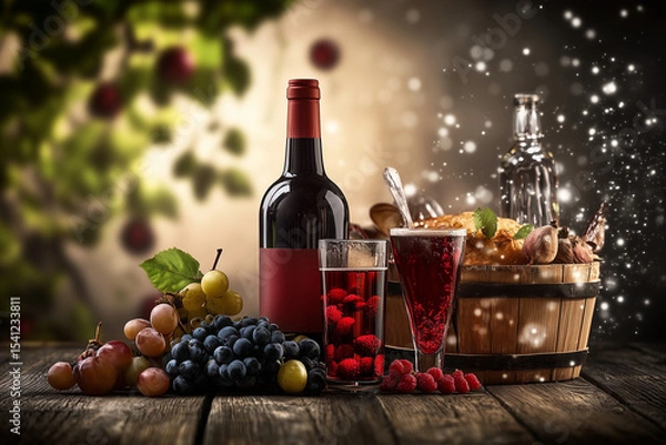 Fototapeta Bottle of wine and grapes on table in restaurant close up background..