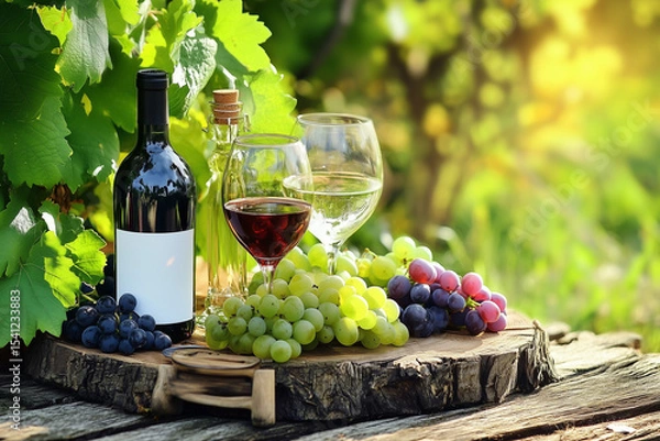 Fototapeta Bottle of wine and grapes on table in restaurant close up background..