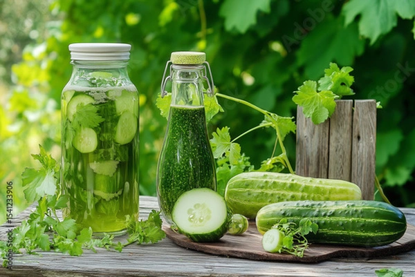 Fototapeta Cucumber juice drink on rustic table with brine background...
