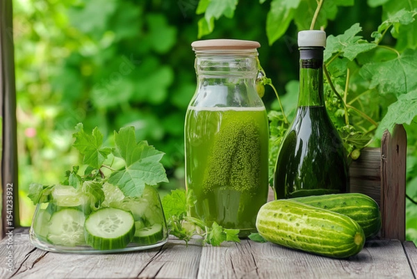Fototapeta Cucumber juice drink on rustic table with brine background...