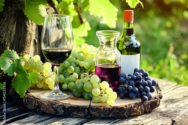 Fototapeta Bottle of wine and grapes on table in restaurant close up background..
