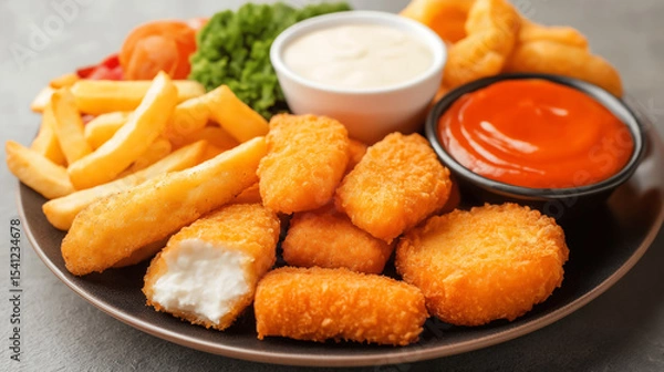 Obraz A delicious platter of golden-fried chicken nuggets, fish fingers, and French fries, served with dipping sauce, is perfect for a flavorful and satisfying comfort food meal.