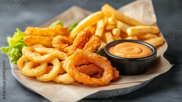 Obraz A delightful assortment of savory, golden, crispy fried chicken, fries, and onion rings, accompanied by a variety of dipping sauces, is perfect for a hearty and satisfying meal.