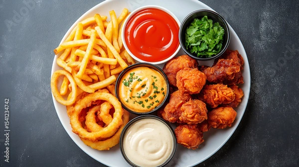 Obraz A delightful assortment of savory, golden, crispy fried chicken, fries, and onion rings, accompanied by a variety of dipping sauces, is perfect for a hearty and satisfying meal.