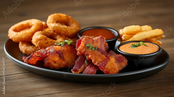 Obraz A delicious platter of crispy bacon strips, golden onion rings, and French fries, served with dipping sauce, is perfect for a flavorful and satisfying comfort food meal.