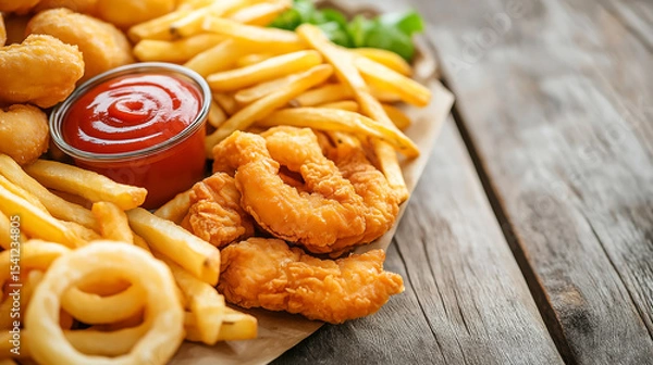 Obraz A delightful assortment of savory, golden, crispy fried chicken, fries, and onion rings, accompanied by a variety of dipping sauces, is perfect for a hearty and satisfying meal.