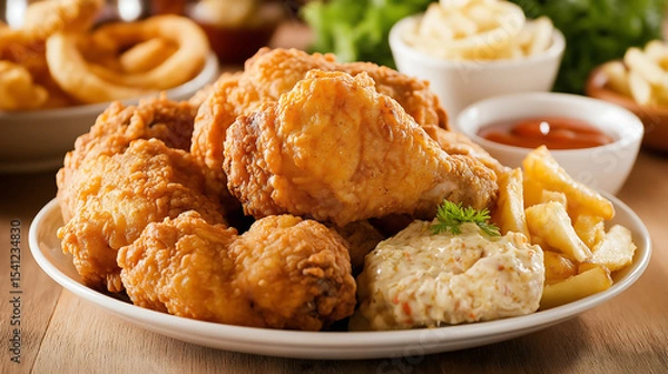 Obraz A platter of perfectly golden, savory fried chicken with a crispy, golden crust, served alongside French fries, onion rings, and a selection of delicious dipping sauces, is ideal for a hearty meal