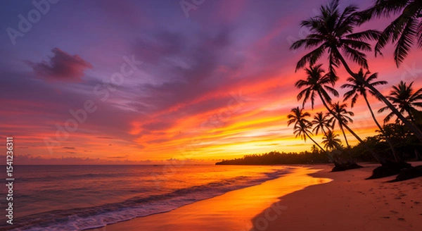 Fototapeta Stunning Tropical Sunset Beach with Palm Trees and Colorful Sky at Dusk