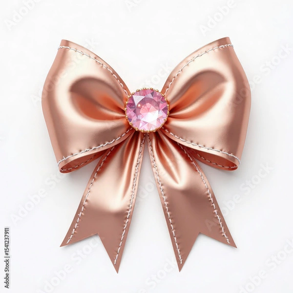 Fototapeta A stylized ribbon bow rendered in soft metallic rose gold hues, with gradient reflections and delicate shimmer along the surface