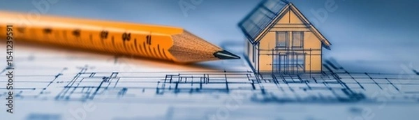 Fototapeta A close-up of a pencil and a small house model placed on architectural blueprints, symbolizing home design and construction planning.