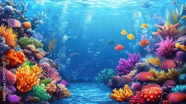 Fototapeta Vibrant underwater coral reef teeming with colorful fish and diverse marine life in clear blue ocean water.