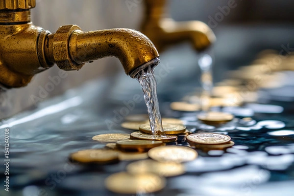 Fototapeta Water flows from the tap onto gold coins. The concept of increasing utility bills. Saving natural resources.