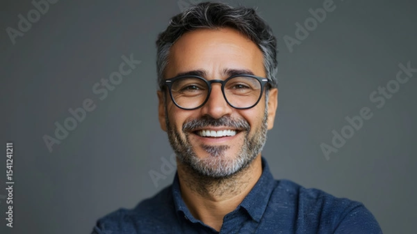 Fototapeta Middle age bussines arab man wearing glasses over isolated background with a happy and cool