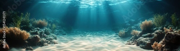 Fototapeta Underwater ocean scene with sunlight filtering through water, illuminating sandy seabed and coral reefs on both sides.