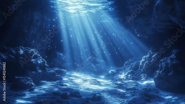 Fototapeta Sunlight penetrates a serene underwater cave, illuminating rocky formations and casting a magical blue glow.