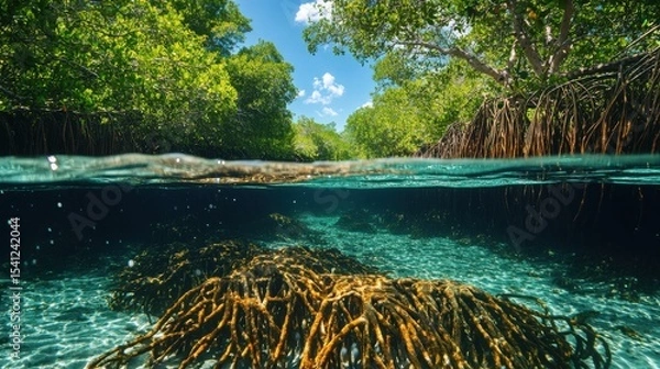 Fototapeta Clear water reveals mangrove roots submerged beneath, with lush green mangrove trees on both sides under a blue sky with scattered clouds.
