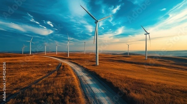 Fototapeta Wind turbines line a rural dirt road, generating clean energy under a vibrant sky at sunset.