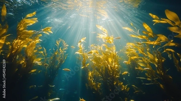 Fototapeta Underwater view of sunlit kelp forest with small fish swimming among waving golden seaweed strands.