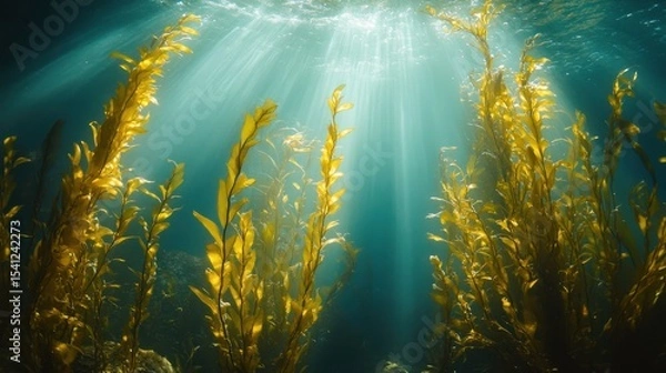 Fototapeta Sunlight penetrates through clear ocean water, illuminating tall golden kelp plants swaying underwater.