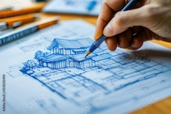 Fototapeta A hand sketching a detailed architectural blueprint of a modern house using a blue pencil on a workspace with drawing tools.
