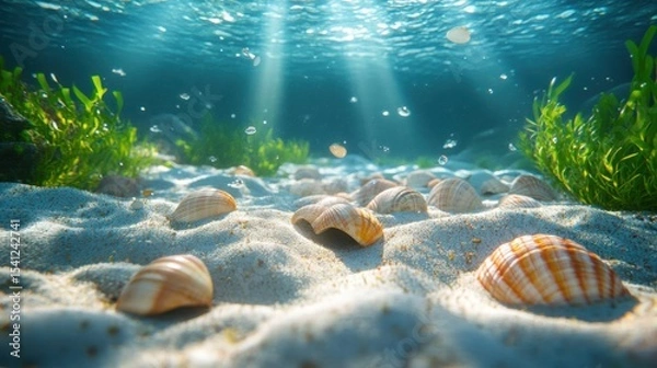 Fototapeta Underwater view of seashells scattered on sandy ocean floor with sunlight filtering through clear water and aquatic plants in the background.