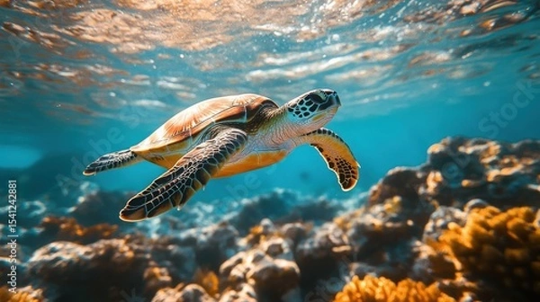 Fototapeta A sea turtle gracefully swims underwater over a vibrant coral reef with sunlight filtering through the clear blue ocean.