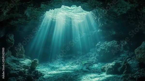 Fototapeta Sunlight streams through an underwater cave opening, illuminating the rocky cavern floor and creating a mystical, serene atmosphere beneath the surface.