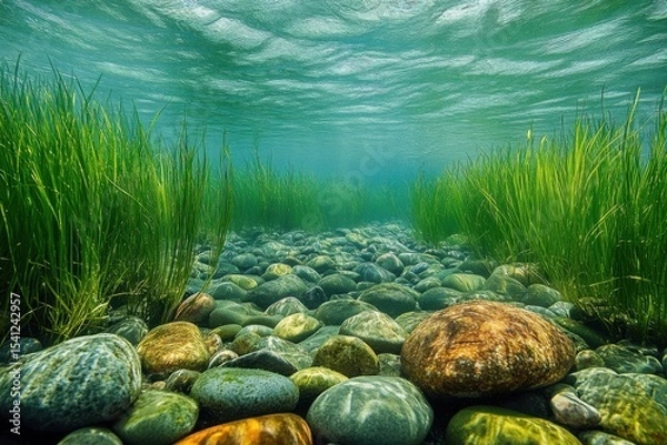 Fototapeta Underwater view of a clear freshwater stream with smooth stones and green aquatic plants swaying gently in the current.