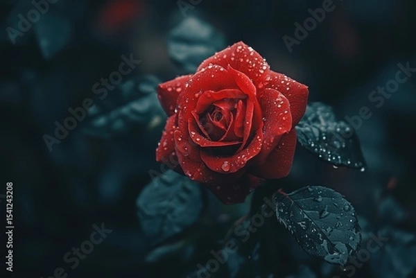 Fototapeta Stunning red rose blooming in a garden with raindrops glistening after a refreshing rain shower, Perfect red rose in the garden after the rain, closeup High quality